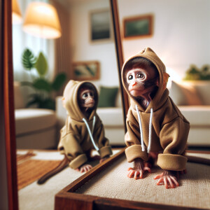 обезьянка примеряет дома “худи цвета хаки” напротив зеркала