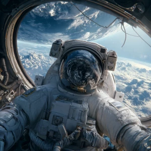 Create an image of an astronaut wearing a space suit, visibly fl...