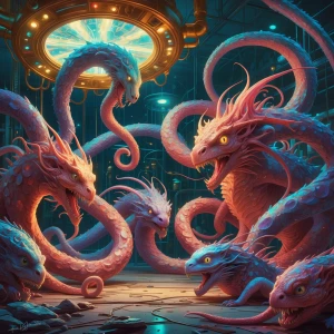 In a gilded surreal genetic modification lab, fantastical creatures twist and merge under shimmering lights, their forms a kaleidoscope of colors and shapes. This painting, rich in detail and depth, captures a moment of eerie beauty in a world where science and art collide. The image, a meticulously crafted digital illustration, showcases the intricate work of a master artist. Each creature, a masterpiece of genetic engineering, is portrayed in stunning clarity and realism, their features a mesmerizing blend of organic and synthetic elements. The overall effect is both mesmerizing and unsettling, inviting viewers to contemplate the boundaries between nature and technology.