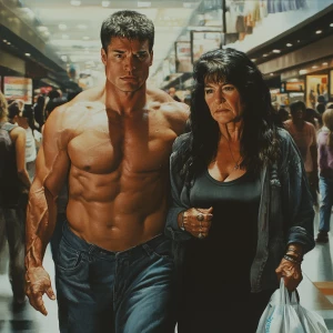 Realism art,A muscular man, glistening with sweat, walks with hi...