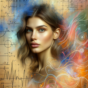 Abstract, minimalist, painting, with pencil line, paint stroke, gestures, colorful marks, mathematical equations, electrical cardiogram, printouts complex math formulas, dna asian teen girl