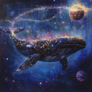 whale swimming through a celestial sea, its body made of dark, s...