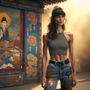 Athletic Thin skinny Attractive, Asian teenage girl, long brown hair and bangs, wearing tight skinny jeans and a halter top paint marks on her clothing, heroic pose Asian graffiti background, backside view