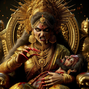 portrait of angry looking indian goddess sitting on a gold crown and carrying a weak mahishasur on her lap and poking him with her amazingly long red fingernails. She is wearing gold armor, a huge gold crown, gold saree, abundant  gold jewelry, covered in blood. The scene is set in ancient India. The image is 8K resolution, cinematic, photography, ultra detailed face and epic.