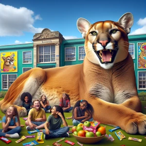 A whimsical scene unfolds in front of a cheerful school building...