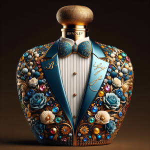 Create a blue and gold cologne bottle in the shape of a tuxedo w...