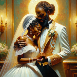 Imagine a hyper-realistic oil painting that captures a tender moment between theAfrican American bride and her God. The setting is intimate and filled with soft, warm lighting that enhances the emotional depth of the scene. The bride, in herexquisite wedding gown, shares a heartfelt embrace with her african-American Lord Jesus , who is dressedin an elegant outfit that complements the wedding's color scheme. Their expressions are full of love, pride, and joy, reflecting the special bond between them. Theattention to detail is paramount, from the intricate designs of their dresses to the subtle emotions conveyed in their facial expressions. The background is a blur ofgentle pastel hues, ensuring that the focus remains on this touching moment. Thispainting should convey the warmth, love, and depth of the relationship, with the rich textures and vibrant strokes characteristic of oil paintings, capturing the essence of this significant pre-wedding moment.