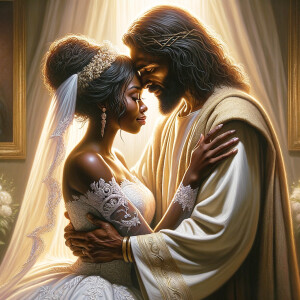 Imagine a hyper-realistic oil painting that captures a tender moment between theAfrican American bride and her God. The setting is intimate and filled with soft, warm lighting that enhances the emotional depth of the scene. The bride, in herexquisite wedding gown, shares a heartfelt embrace with her african-American Lord Jesus , who is dressedin an elegant outfit that complements the wedding's color scheme. Their expressions are full of love, pride, and joy, reflecting the special bond between them. Theattention to detail is paramount, from the intricate designs of their dresses to the subtle emotions conveyed in their facial expressions. The background is a blur ofgentle pastel hues, ensuring that the focus remains on this touching moment. Thispainting should convey the warmth, love, and depth of the relationship, with the rich textures and vibrant strokes characteristic of oil paintings, capturing the essence of this significant pre-wedding moment.