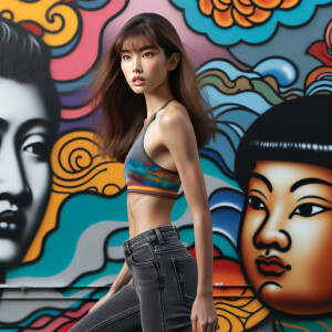 Very thin Athletic Thin skinny Attractive, Asian teenage girl, long brown hair and bangs, wearing tight skinny jeans and a halter top paint marks on her clothing, sitting side view heroic pose Asian graffiti