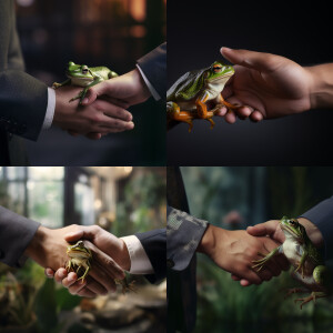 handshake, a man shakes the paw of a small beautiful frog like a...