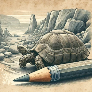 A drawing set in the stone ages incorporating a turtle and a pen...