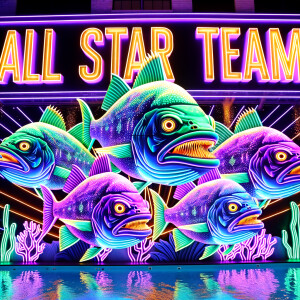 “All star team” light sign
Five purple neon green piranhas
Swimm...