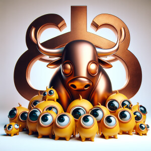 Cartoon yellow minions in round glasses around copper bull and t...