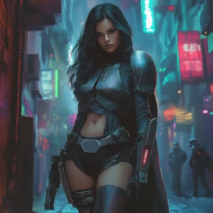 Depict Dahlia Valentina (DahliaValentina_ai) – a fit, tall, supple, well-endowed, tanned Italian-American model with long wavy black hair – as a rogue bounty hunter in the Star Wars universe. She stands confidently in a dimly lit, neon-soaked alley on Coruscant, surrounded by flickering holographic signs and towering futuristic skyscrapers. She wears sleek, form-fitting bounty hunter armor with dark metallic tones, accented by crimson streaks and subtle battle scars. A half-cape drapes over one shoulder, flowing slightly in the breeze. Dahlia’s helmet is off, held under one arm, revealing her striking face with a fierce, determined expression. A blaster pistol rests in her holster, and a faint scar runs across her cheek, hinting at past battles. The glow from nearby neon lights reflects off her armor, creating an atmospheric blend of shadows and color. The background reveals distant speeder traffic zipping through the cityscape, adding to the sense of motion and danger.