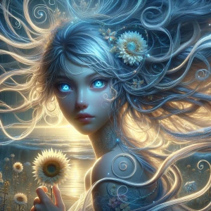 "Portrait of a young girl with long curly hair, wearing a summer...