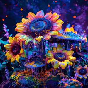 Create a vivid scene featuring sunflower mushrooms, phosphoresce...