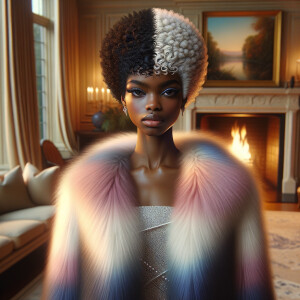 a full body veiw of a colorful gloss hyper realistic oil painting of a regal beautiful light skinned afro  American girlwith beautiful pixie cut one side of hair is black and the other side  of her hair white slick baby hair and furry white and pink and blue furry coat and outfit under the coat standing in living room with fireplace