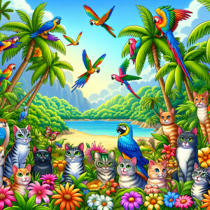 A cartoon of a colorful vacation island with cats predominantly...