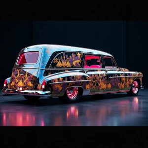 "Design a striking custom hearse that commands attention with it...