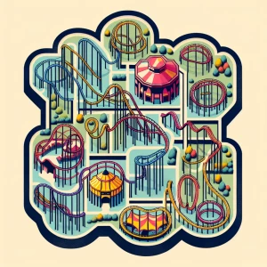 make a rendering of a theme park map with 7 different and indepe...