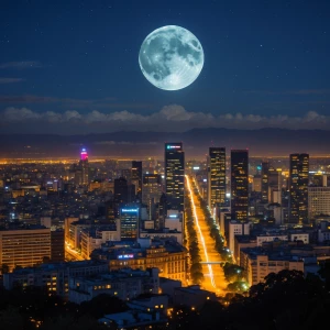 Panoramic night view of Buenos Aires under a full moon, showcasi...