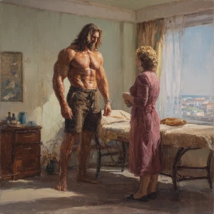 Hyperrealism painting, a muscular Russian man in his beach hotel...