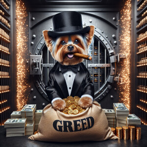 create a realistic photo of a yorkie wearing a black tuxedo and...