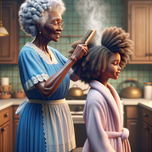 Create a realistic 3-D image of an african-American grandmother wearing a blue house dress and a white apron . She is in the kitchen with her african-American granddaughter. Her granddaughter is wearing a pink bath robe. The grandmother has a hot comb in her hand and she is straightening her granddaughters hair. One side of her granddaughters hair is in  a Afro the other straight 
There is smoke coming from the hot comb
The granddaughter is making a face