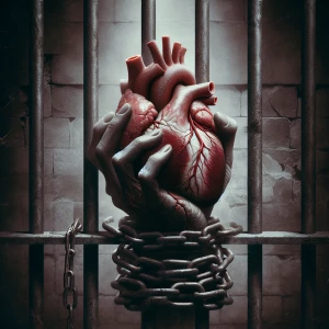a heart wrapped in chains ⛓️ and behind bars tattoo the skin aro...