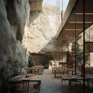 Double height indoor outdoor restaurant with big stone walls