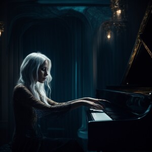 A spectral skeleton-like woman with sunken eyes and flowing silv...