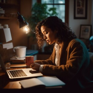 A person comfortably seated at their desk in a well-lit, cozy ho...