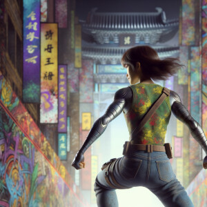 Athletic Thin skinny Attractive, Asian teenage girl, long brown hair and bangs, wearing tight skinny jeans and a halter top paint marks on her clothing, heroic pose Asian graffiti background, backside view