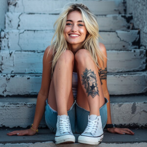 A stylish and charming blonde woman aged between 19-25, showcasi...