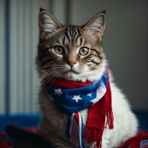 A mature cat gazing into the camera while sporting a red, white,...