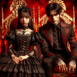 A girl with elegant gothic lolita dress sit beside handsome Lucifer, red background, thrones