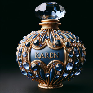 Create a 3-D realistic gold and blue, colorful jewels perfume b...