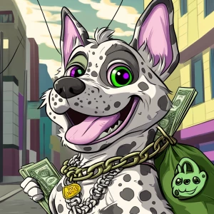 A cartoon-style anthropomorphic dog involved in a GTA-style bank...