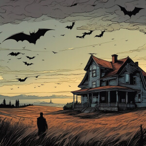 Horror house long in height , sky must be little redish with bat...