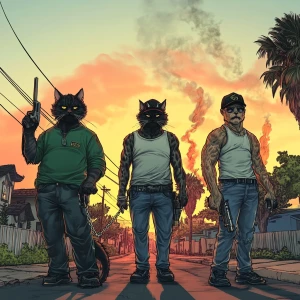Three humanoid cats standing on a suburban street. The cat on th...