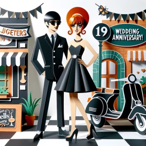 ‘Happy 19th Anniversary!’ Written
A 60s mod vibe with a tan male...