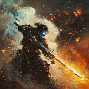 samurai with igniting sword and blue eyes, fighting against enor...