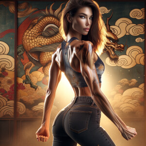 Athletic Thin skinny Attractive, Asian teenage girl, long brown hair and bangs, wearing tight skinny jeans and a halter top paint marks on her clothing, heroic pose Asian graffiti background, backside view