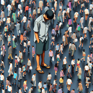 A jobless man walks alone through the crowd, hands in his pocket...