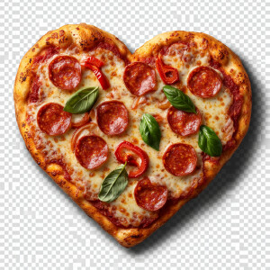 Create an image of a heart-shaped pizza with golden, crispy crus...