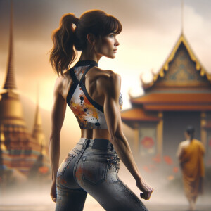 Athletic Thin skinny Attractive, Asian teenage girl, long brown hair and bangs, wearing tight skinny jeans and a halter top paint marks on her clothing, heroic pose Asian graffiti background, backside view