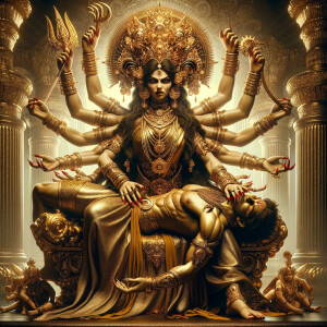 portrait of angry looking, four-armed indian goddess sitting on...