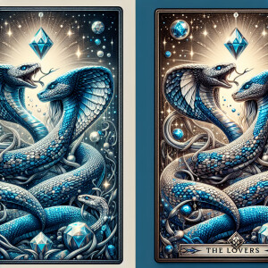 The Lovers fantasy tarot card, photorealistic hyperdetailed mode...
