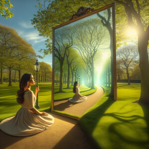 In a sun-dappled park, a lady sits serenely on the grass, cradli...