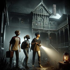 Three teenagers are in a dark scary mansion.